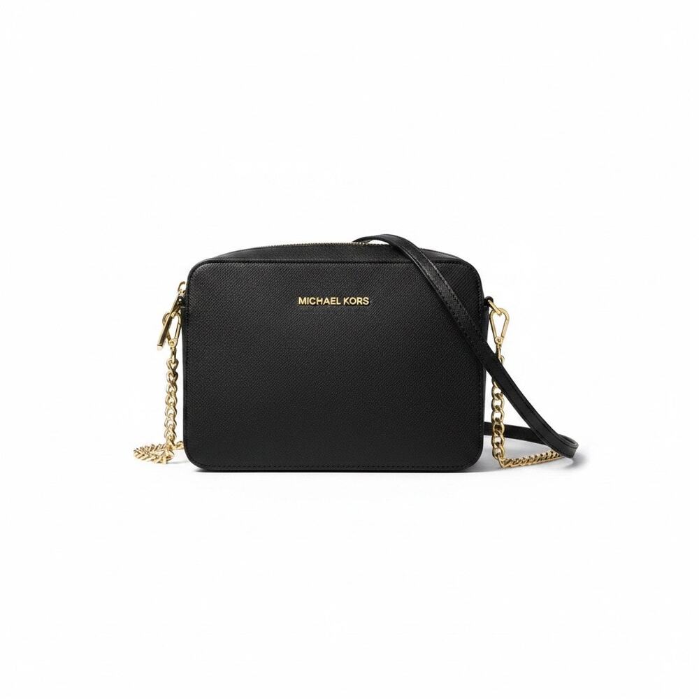 Michael Kors Jet Set Large Black Saffiano Crossbody Gold Chain